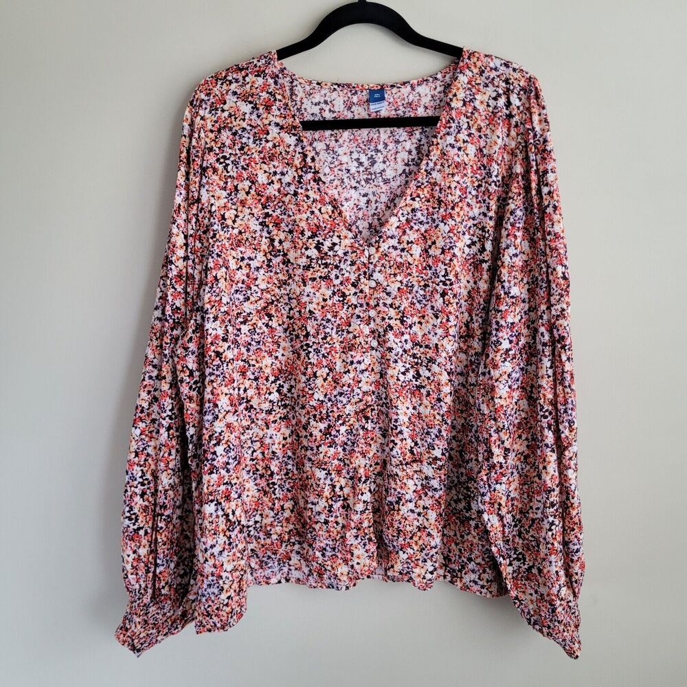 Old Navy Womens Blouse Size XXL Tall Floral Boho Textured Swiss Dot Long Sleeves